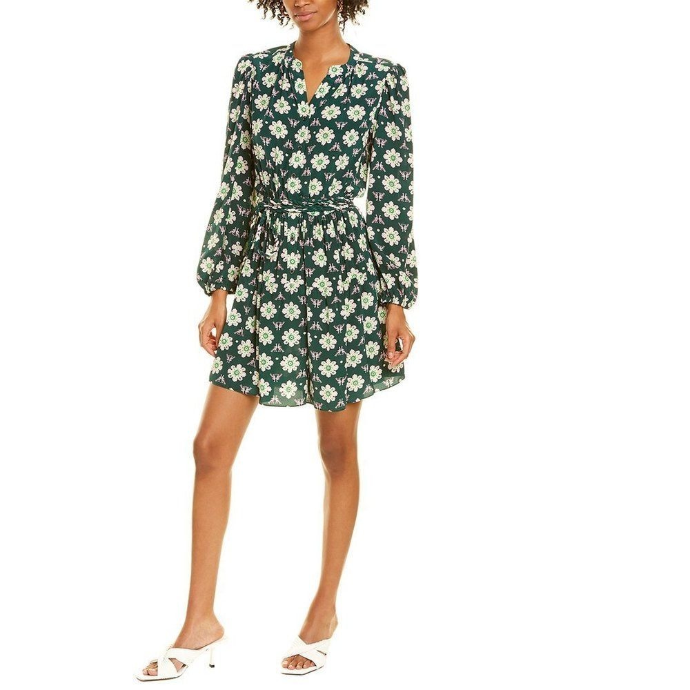 A.L.C. The Joly Silk Mini Dress Green Floral Bird Print Braided‎ Belt Size 6 NEW